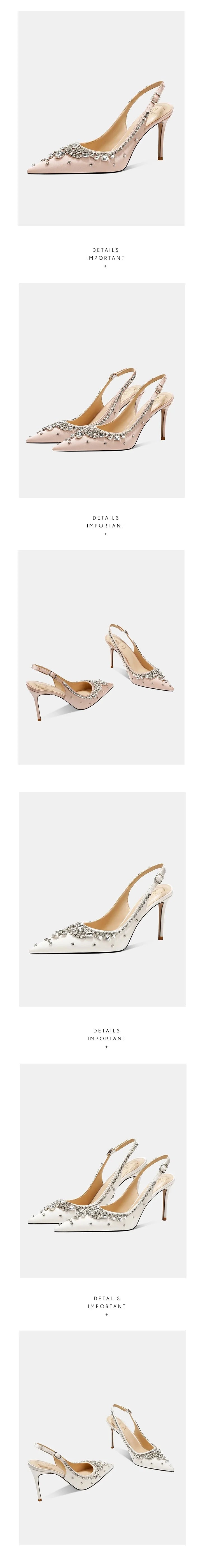 Thin high-heeled sandals spring and summer new pointed rhinestone silk wedding shoes banquet dress crystal women's shoes