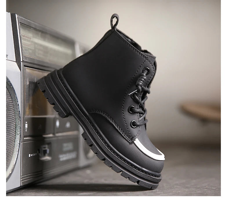 New Children Boots  soft leather Handsome Lace-up Trendy Kids Short Boot Matte PU Leather Anti-slip Unisex Boys Girls Shoes kids_shoes