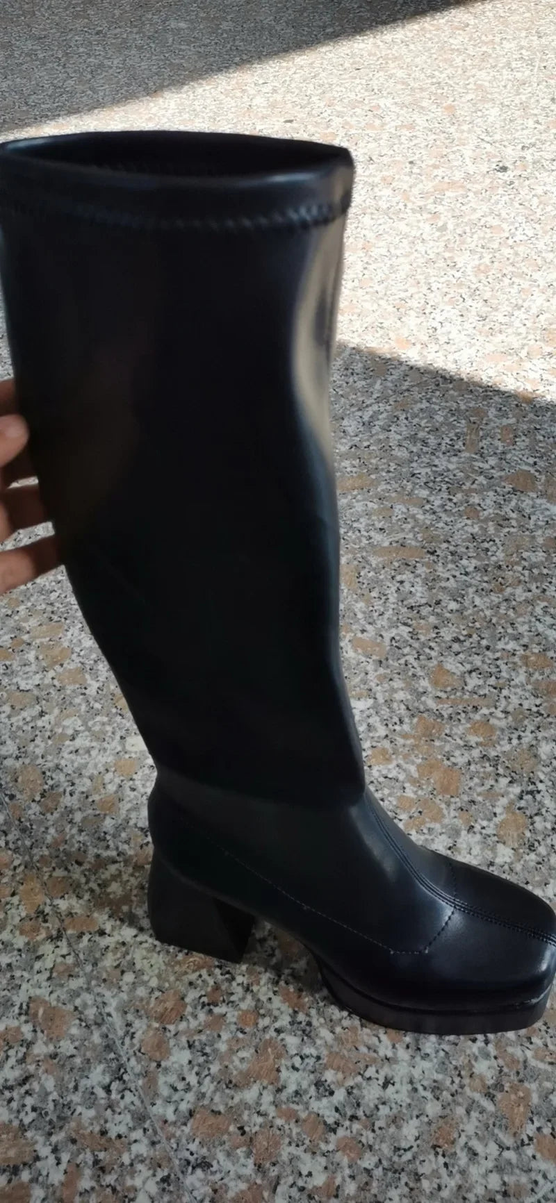 Autumn/Winter Square Headed Thick High Heels Knee-High Elastic Boots for Womens on Platform Black Knight Boot Sexy Party Pumps boots_platform