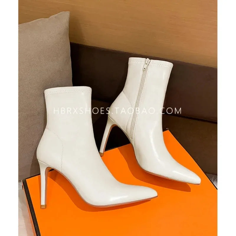 Women's Spring Ankle Boots White High Heels Pointed Toe Stiletto Heel Side Zipper Short Boots Leisure Fashion Sexy Botas Mujer boots_highheel