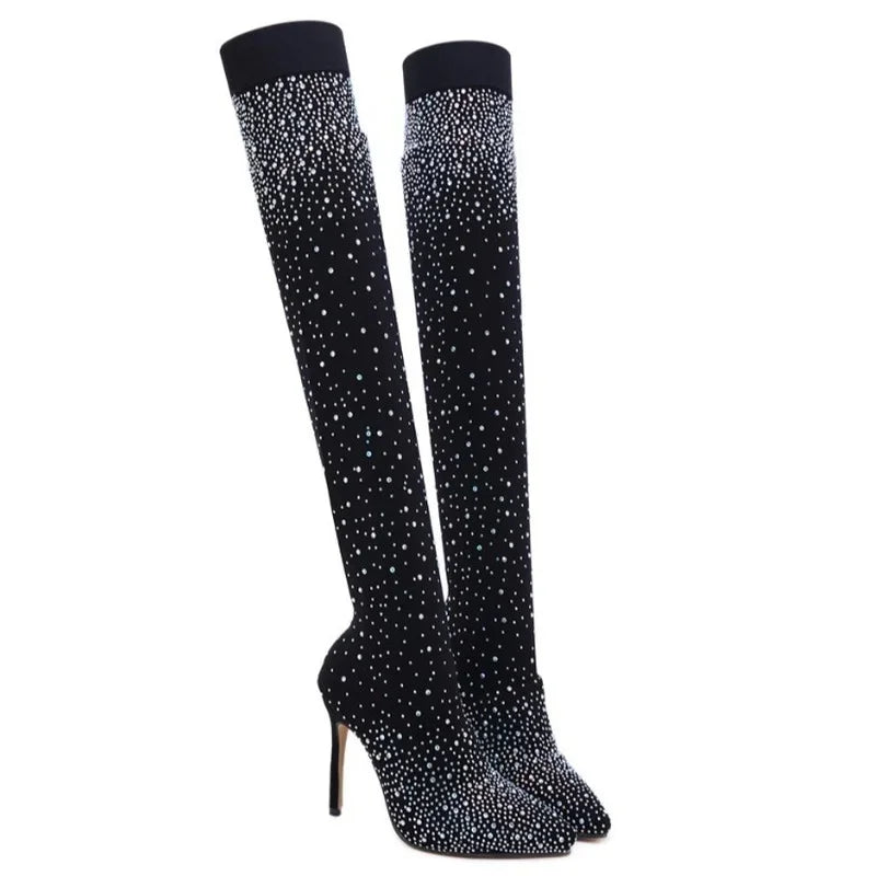 Summer Knee Boots  Luxury Woman Shoes Rhinestone Pointed Toe Sexy High Heels Plus Size 43 Thigh High Sock Botas De Mujer boots_highheel
