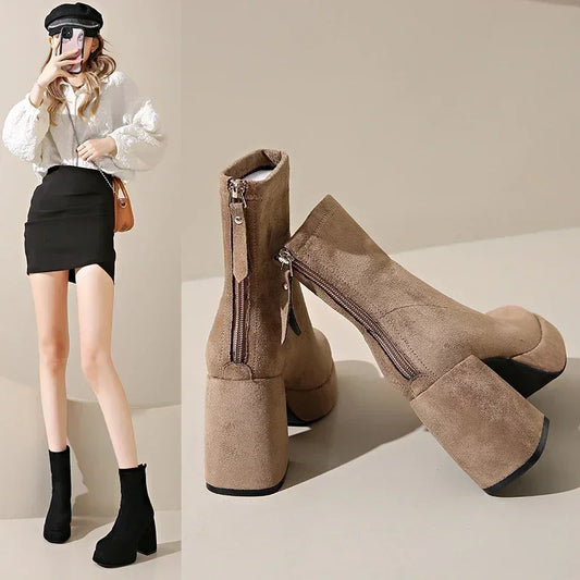 2024 Women's Fashion High-heeled Boots Winter New British Style Soft Sole Anti-slippery  Versatile Keep Warm Leather Shoes boots_platform