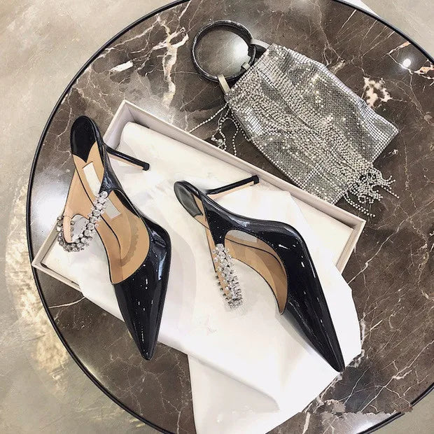 2025 Summer New High-heeled Stiletto Pointed Rhinestone Slippers Women's Outer Wear One-word with Baotou Half Drag Muller Shoes heels_bridal