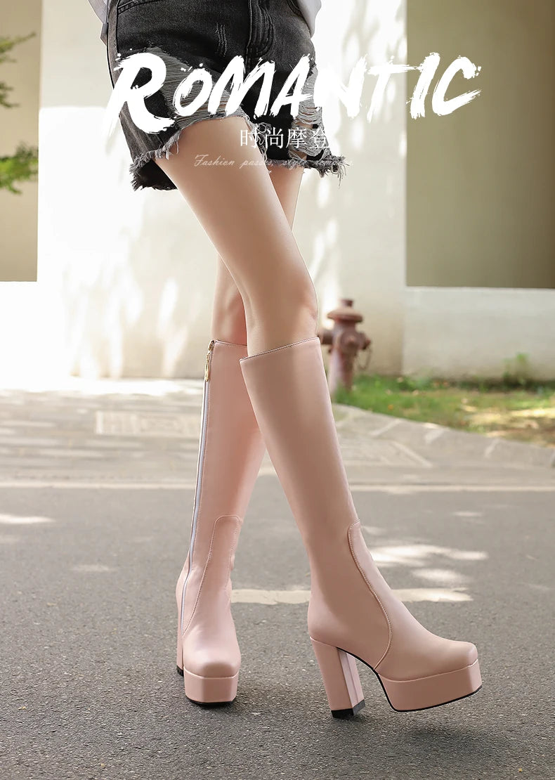 High Waterproof Platform Square Toe Solid Color Side Zipper Women's Knee High Boots Super High Thick Heel Office Boots boots_platform