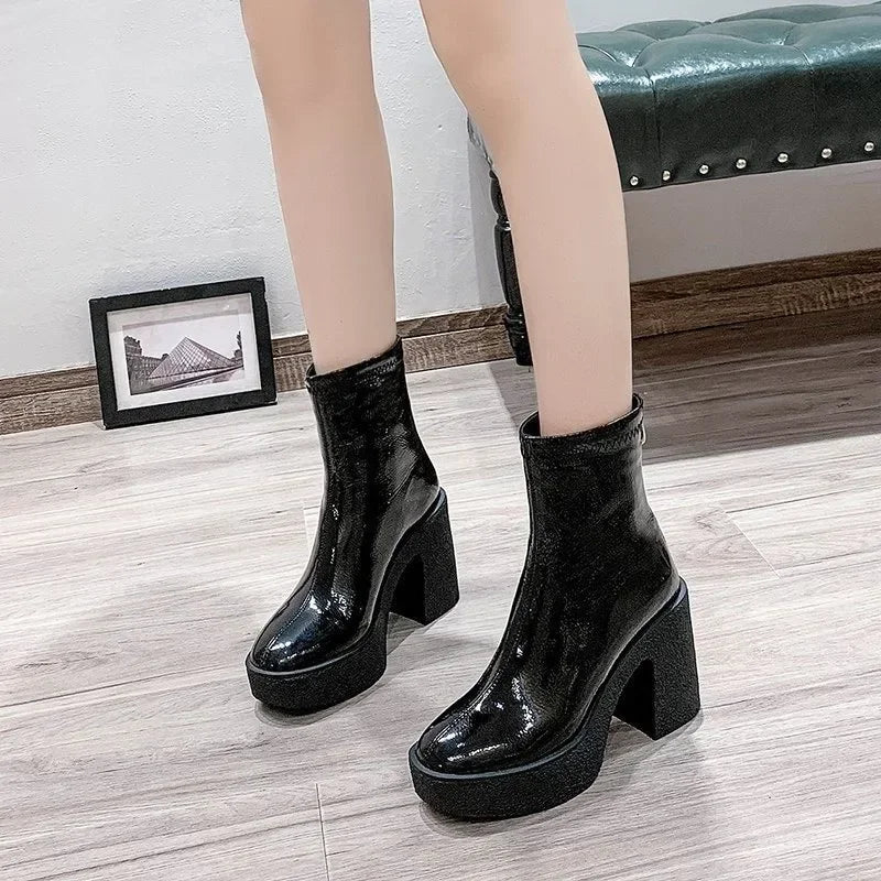 2025 New Platform Women Ankle Boots Leather Fashion High Heels Shoes Trend Designer Classic Chunky Pumps Goth Winter Botas Mujer boots_platform