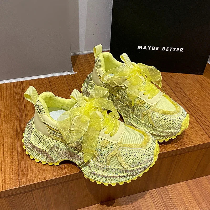Women Shiny Rhinestones Shoes Four Seasons Casual Sneakers Women Stylish Sport Shoes Lace-Up Platform Luxury Shoes zapatos mujer sneakers_platform