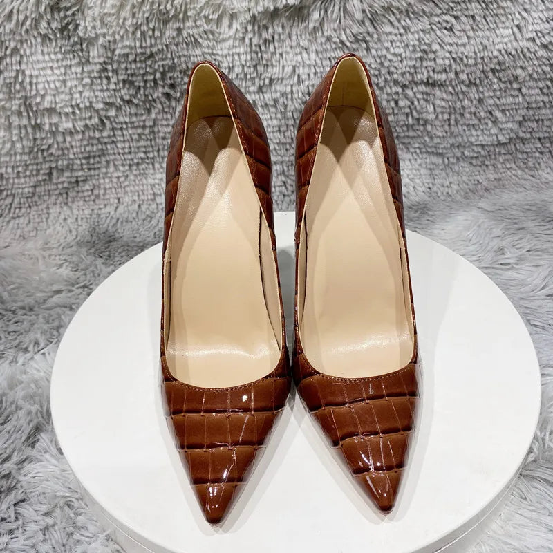 Tikicup Brown Crocodile Effect Women Sexy Pointy Toe High Heel Shoes Plus Size 33-46 Slip On Stiletto Pumps for Evening Dress heels_stiletto