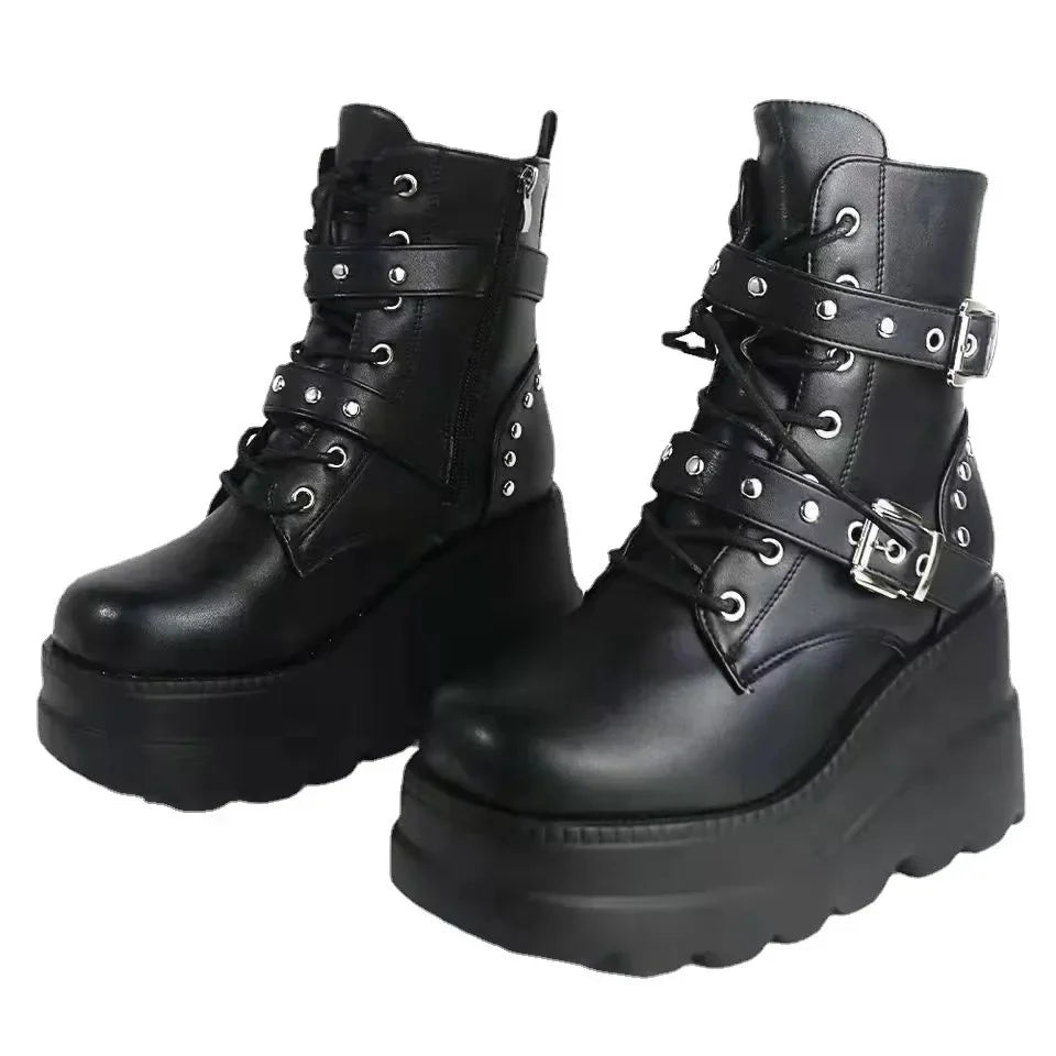 New Women's Pu Leather Ankle Boots Women Autumn Winter Round Toe Lace Up Shoes Woman Motorcycle Platform Botas Gothic Shoes boots_platform