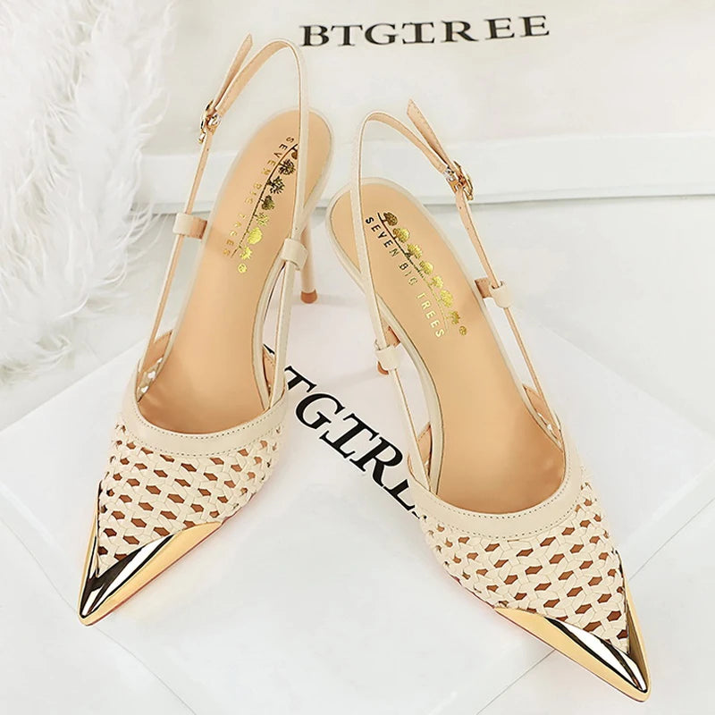 Fashion hollow Weaving Women Pumps Metal pointed tip High Heels Stiletto 9.5 cm buckle Summer Women's high-heeled sandals Shoes heels_stiletto