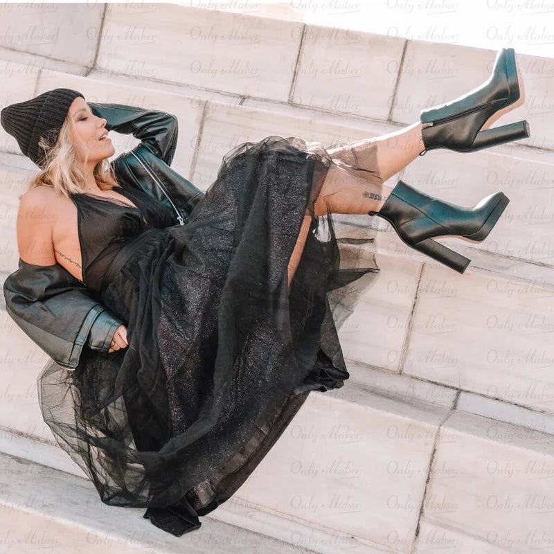 Onlymaker Women Pointed Toe Ankle Boots Black Matte Flock Chunky Heel Platform Booties Party Shoes Large Size Short Boots boots_platform