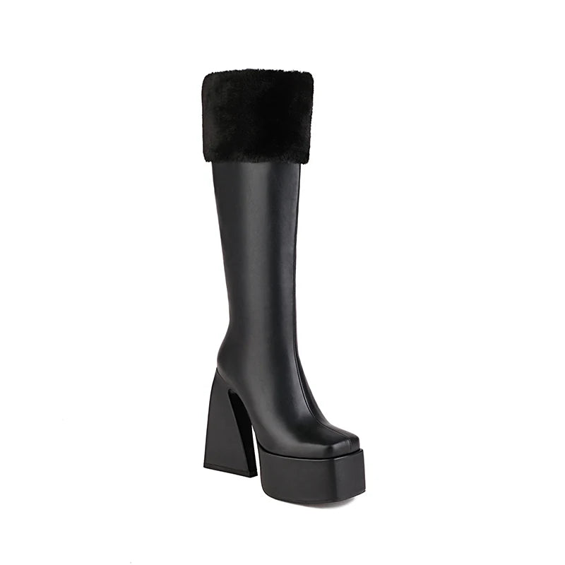 Plus Size Super High Profiled Tapered Heel Faux Fur Turned-Over Edge Warm Winter Snow Boots High Platform Square Toe Knee Boots boots_platform