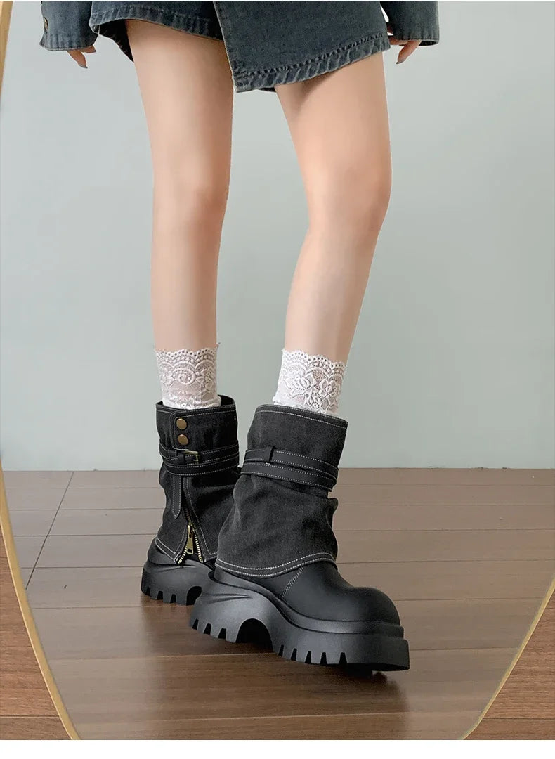 Winter Punk Style Women Pipe Ankle Boots Fashion Belt Buckle Shoes Ladies Concise Platform Heel Short Booties Zapatos De Mujer boots_platform