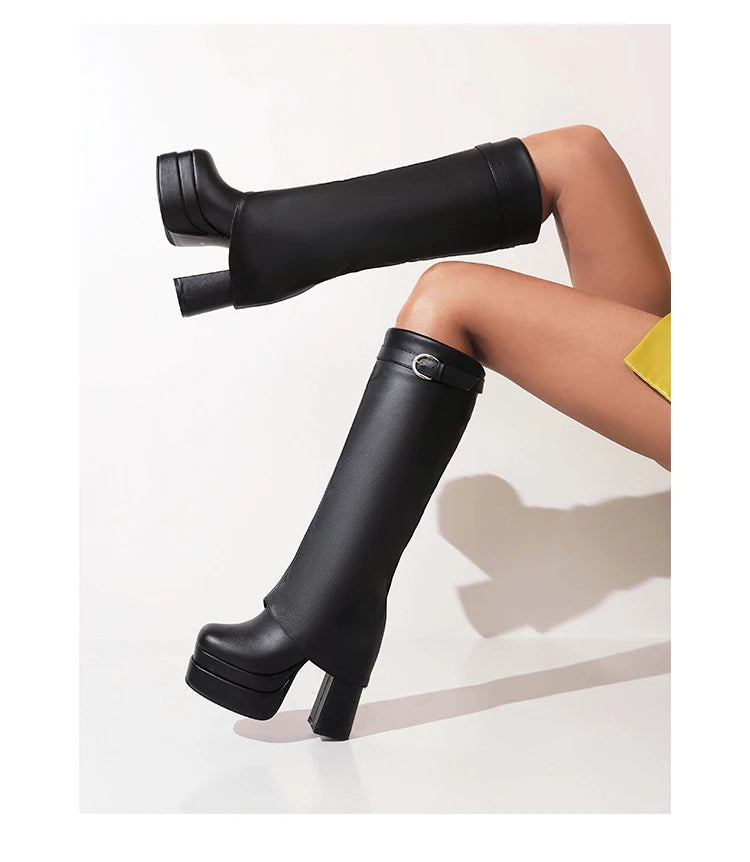 2024 Plus Size Turned-Over Edge Women's Knee-High Boots Warm Plush Inner Super Thick Heel Three-Layer Platform Buckle Shoes boots_platform