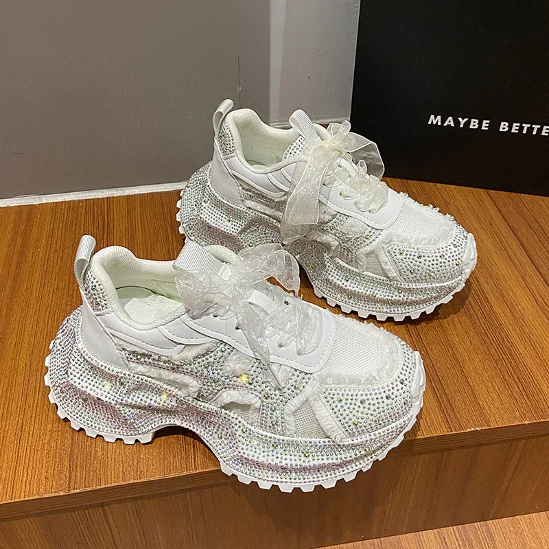 Women Shiny Rhinestones Shoes Four Seasons Casual Sneakers Women Stylish Sport Shoes Lace-Up Platform Luxury Shoes zapatos mujer sneakers_platform