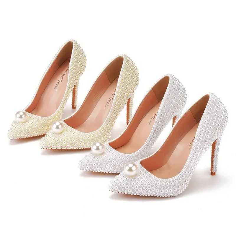 11cm Pearl Wedding Shoes Thin Heel Pointed Single Shoe Large Size Women's Shoes Bride Shoes Dinner Women's Pumps heels_bridal