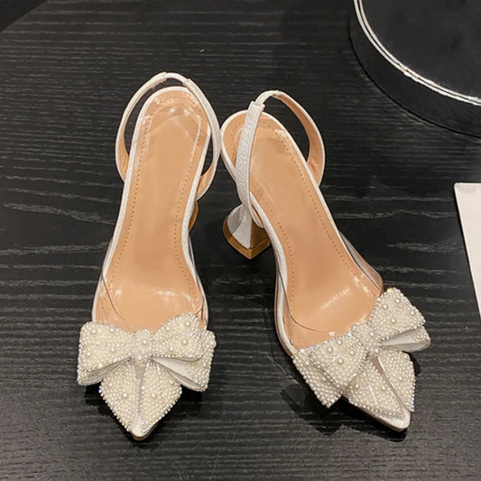 Liyke Fashion Design White Pearl Bowknot Women Pumps Sexy Pointed Toe High Heels Wedding Prom Shoe PVC Transparent Sandal Female heels_bridal