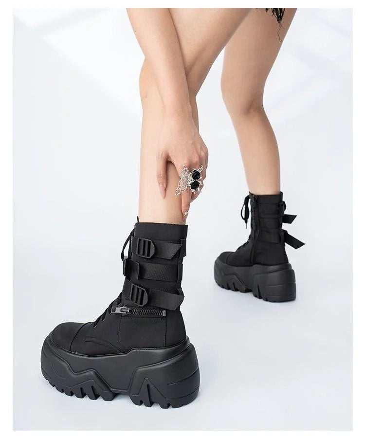 Women Ankle Booties Autumn Leather Chunky Shoes Woman High Platform Breathable Sneakers 9CM Thick Sole Wedges Motorcycles boots_platform