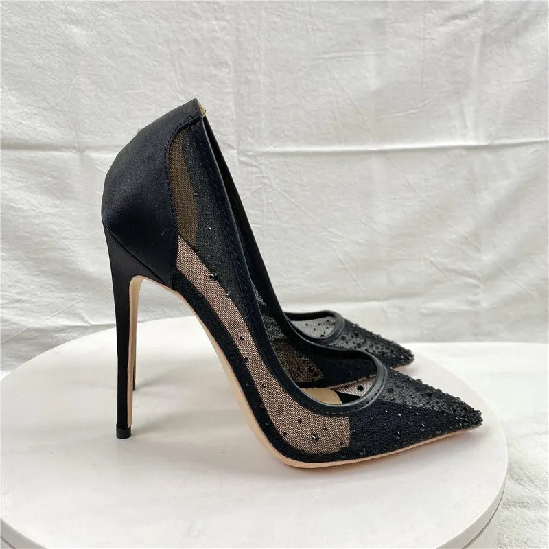 Breathable Mesh Rhinestone Shoes Women 8CM 10CM 12CM Stiletto Pumps Fashion Pointed Toe Summer Evening Party High Heels Black heels_stiletto