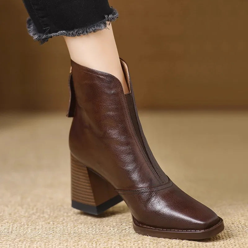 Retro Back Zip High Heel Boots Women's Autumn and Winter New Square Toe 100 Non-slip Wear Block Heel Short Boots boots_highheel