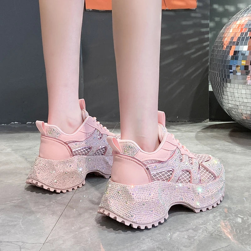 Luxury Designer Women's Shoes New Rhinestone Women's Sneakers Breathable Hollow Mesh Casual Platform Shoes Zapatos Mujer 7 cm sneakers_platform sneakers_luxury