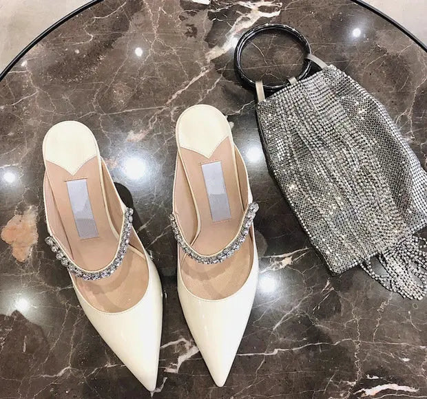 2025 Summer New High-heeled Stiletto Pointed Rhinestone Slippers Women's Outer Wear One-word with Baotou Half Drag Muller Shoes heels_bridal