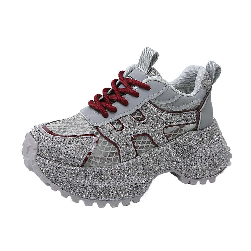 Luxury Designer Women's Shoes New Rhinestone Women's Sneakers Breathable Hollow Mesh Casual Platform Shoes Zapatos Mujer 7 cm sneakers_platform sneakers_luxury