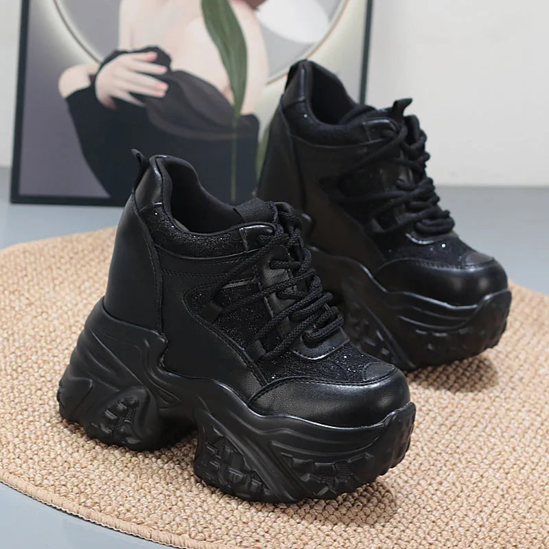 14CM Air Mesh Synthetic Genuine Leather Platform Wedge Flats Women Vulcanize Hollow Summer Chunky Sneakers Shoes  sneakers_platform