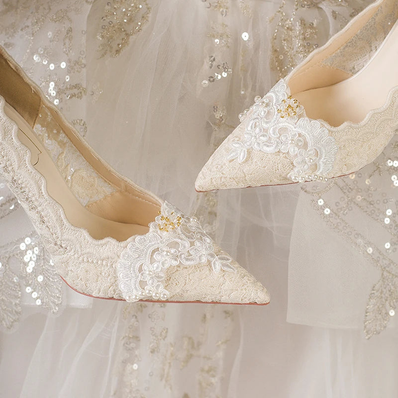 2025 Summer Cutout Women's Mesh Embroidered Pointed Toe Stiletto Heels Lace Shoes heels_stiletto