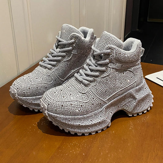 7CM Winter Women Shiny Rhinestones Shoes Casual Plush High Top Sneakers Women Stylish Sport Shoes Lace-Up Platform Luxury  sneakers_platform