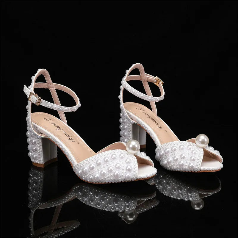 2025 New High Heels Thick Heel Shallow Mouth Women's Pearl Sandals Wedding Shoes Bridesmaid Shoes heels_bridal