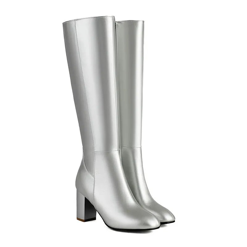 Plus Size 48 Square Toe Knee High Boots Women Side Zipper Winter Warm Long Shoes Comfort Thick Heel 7.5CM Black Leather boots_highheel