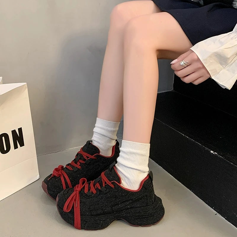 2025 Spring and Autumn New Women's Rhinestones Full of Diamonds Straps Thick-soled Angola Red Niche Sports and Leisure Dad Shoes sneakers_platform