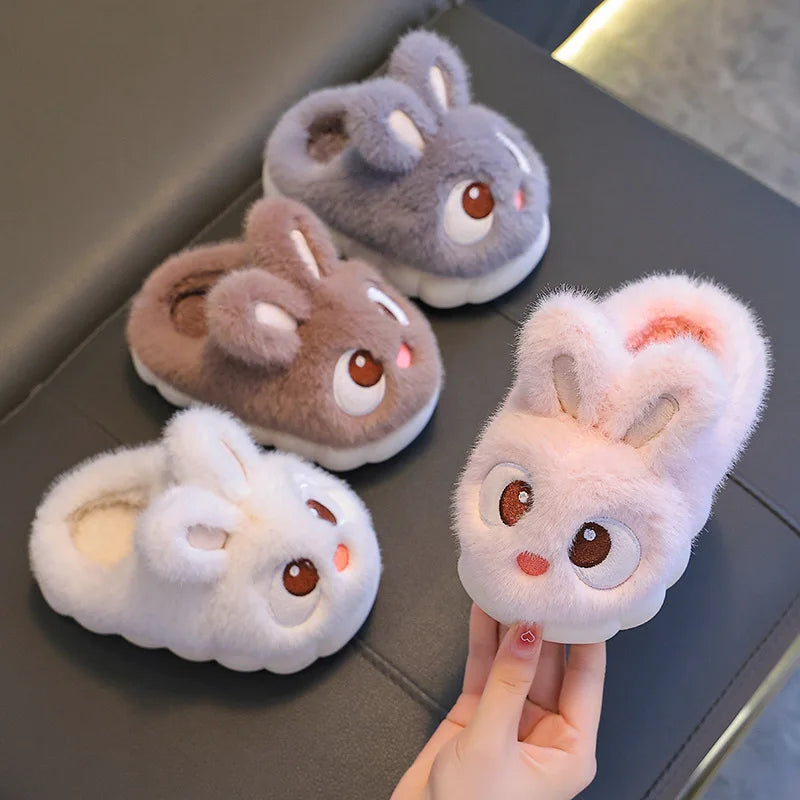 Winter Children's Cotton Shoes 2025 New Cute Rabbits Warm Plush Girls' Slippers Faux Fur Anti Slip Flat Boys' Home Slippers kids_shoes