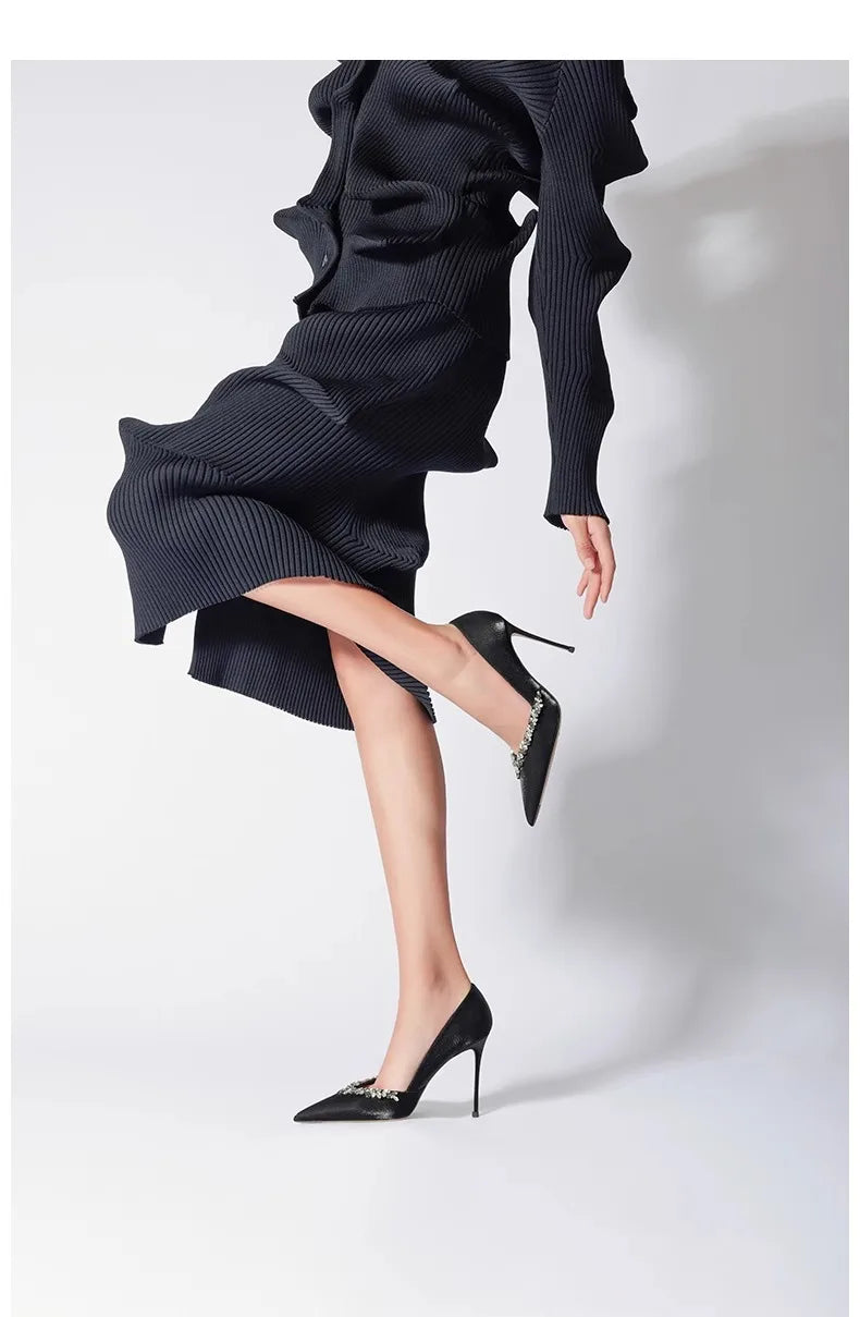 Black High Heels 10cm 8cm 6cm Women's Shoes Thin Heels Microfiber Pointed Head Ladies Pumps Rhinestone Bead Stiletto Party Shoes heels_stiletto