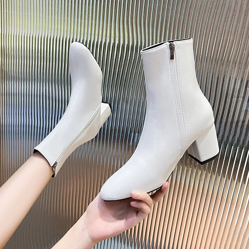 Leather Medium Heeled Short Boots for Women PU Soft Ankle Boots Side Zipper Comfortable Office Women Shoes Square Ladies Boats boots_highheel