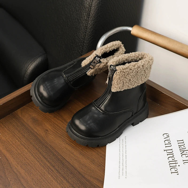 Winter Children's Ankle Boots Warm Simple Toddler Girls Causal Cotton Boots Thick Bottom Trend Kids Fashion Leather Boots Zipper kids_shoes