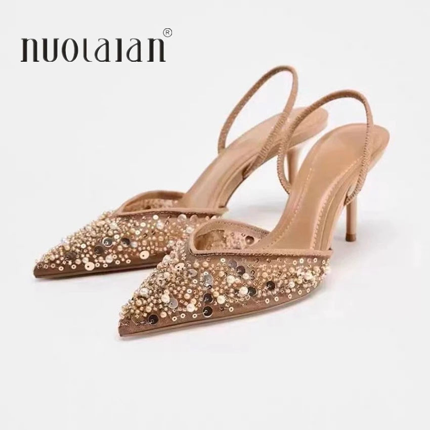 Fashion High Heeled Formal Party Shoes for Lady Luxury Sequin Pearl Stiletto Elengat Mesh Slingbacks Women Modern Sandals heels_stiletto