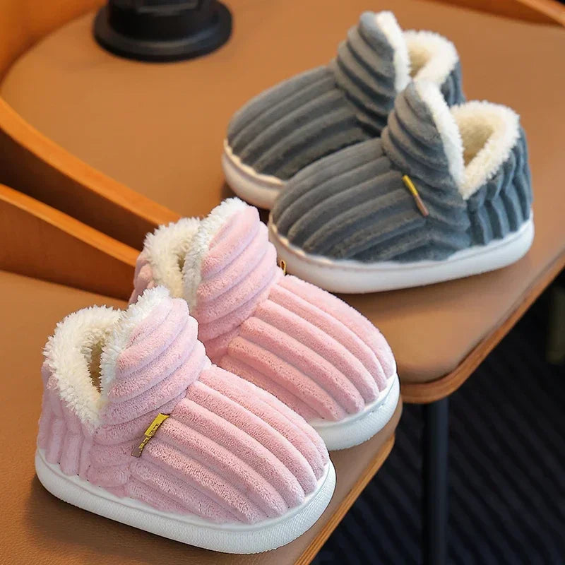 New Winter Concise Stripe Plush Slippers Children's Non-slip Soft Sole Kids Boys Girls Heel Wrap Warm High Home Cotton Shoes kids_shoes