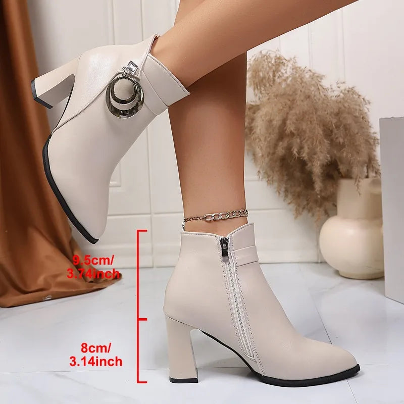 Fashion Short Boots High Heel Women's Boots Autumn Winter Thick Heel Fashion Diamond Pendant Zipper Pointed Toe Leather Boots boots_highheel