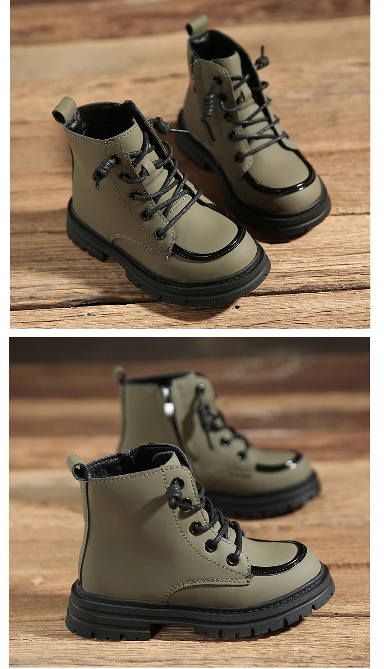 New Children Boots  soft leather Handsome Lace-up Trendy Kids Short Boot Matte PU Leather Anti-slip Unisex Boys Girls Shoes kids_shoes