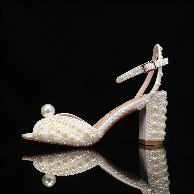 2025 New High Heels Thick Heel Shallow Mouth Women's Pearl Sandals Wedding Shoes Bridesmaid Shoes heels_bridal