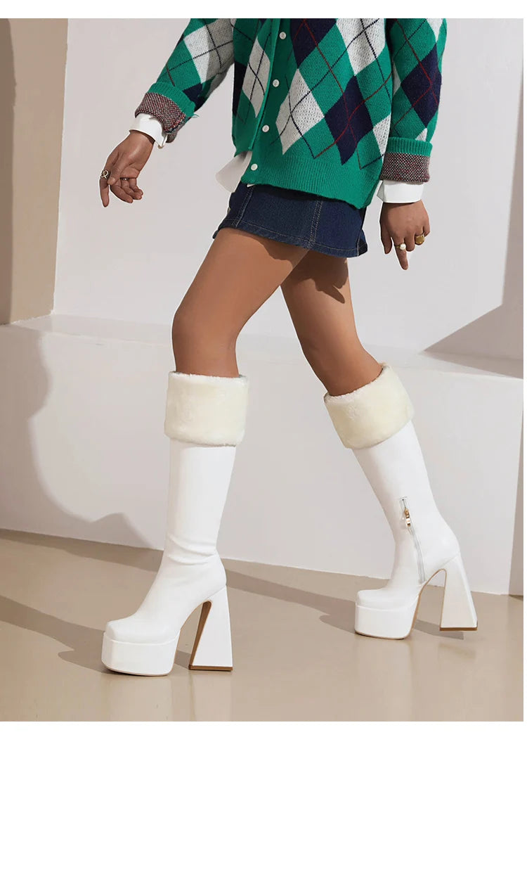 Plus Size Super High Profiled Tapered Heel Faux Fur Turned-Over Edge Warm Winter Snow Boots High Platform Square Toe Knee Boots boots_platform