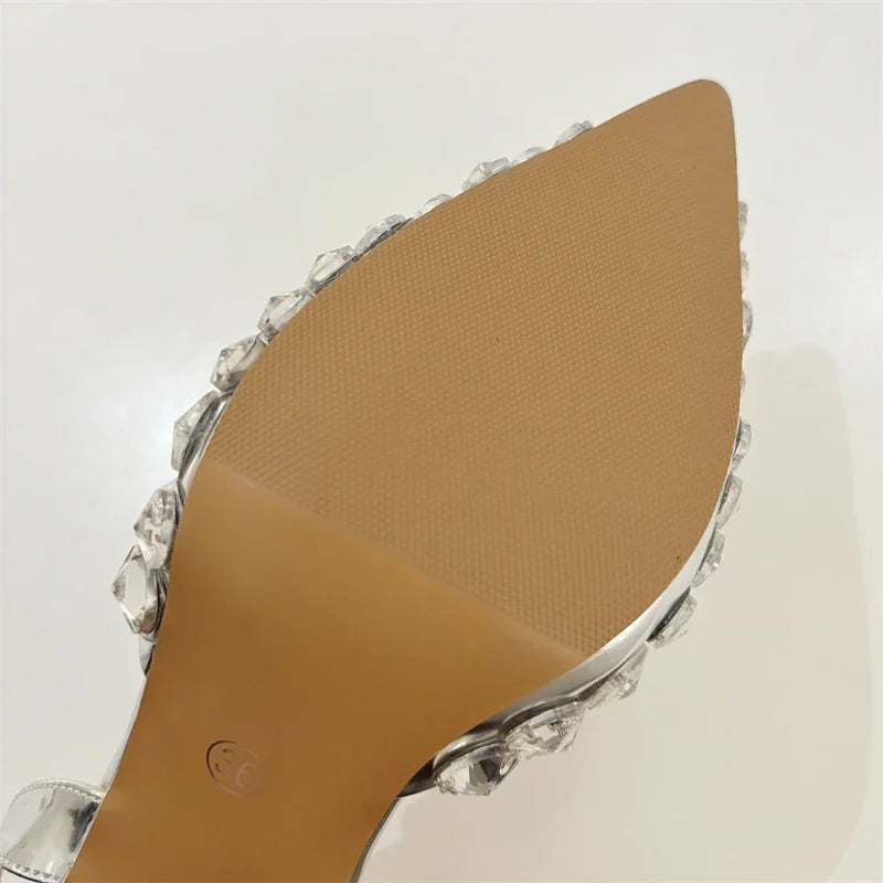 Aneikeh Fashion Stiletto Pumps Summer Silvery Rhinestone Hollow Strap High-heeled Sandals Women Wedding Banquet Shoes heels_stiletto