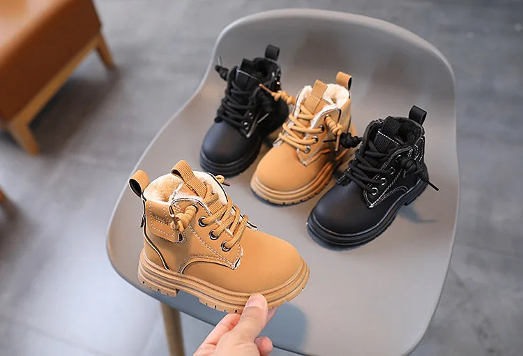 New Children's Fashion Boots Winter Thickened Boys Girls' Anti Slip Warm Leather Boots Side Zipper Solid Color Kids Casual Shoes kids_shoes