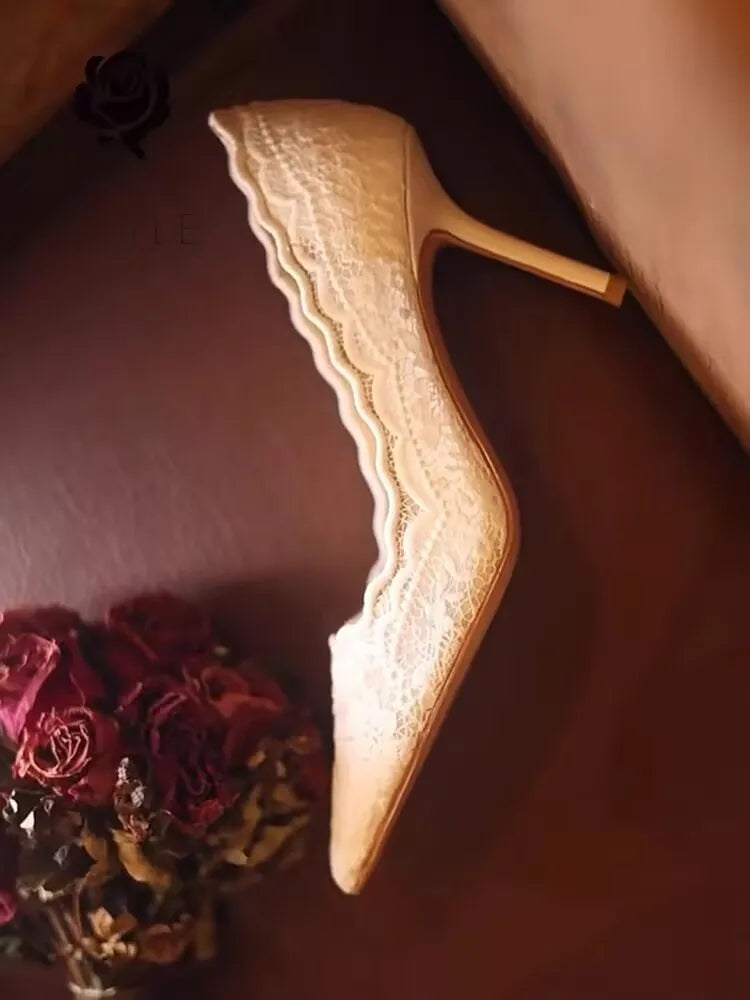 White Wedding Shoes Bridal Shoes Design Sense Niche Lace Pointed Stiletto Heel Shallow French High Heels Female Temperament heels_stiletto
