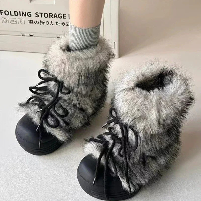 Bow Platform Women Snow Ankle Boots Fur Designer Fashion Short Plush Flats Cotton Shoes 2025 Trend Warm Cozy Winter Botas Mujer boots_platform