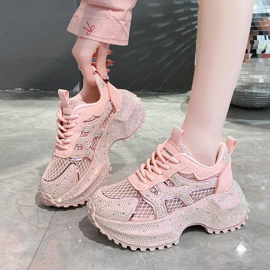 Luxury Designer Women's Shoes New Rhinestone Women's Sneakers Breathable Hollow Mesh Casual Platform Shoes Zapatos Mujer 7 cm sneakers_platform sneakers_luxury