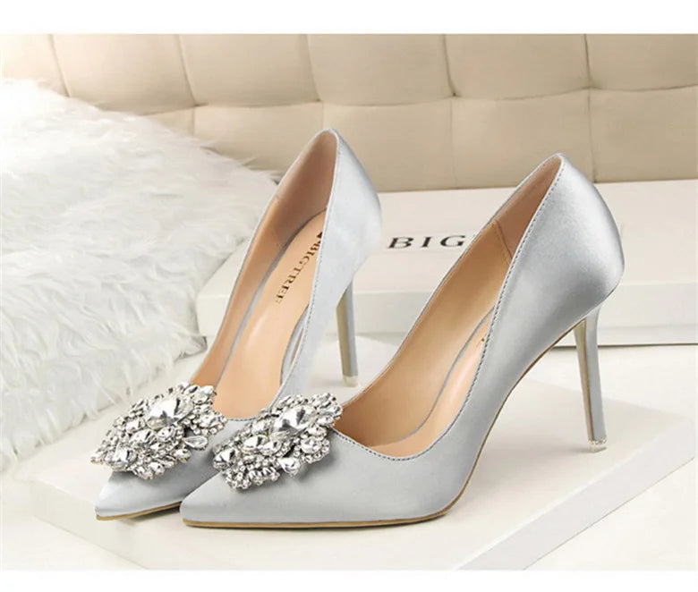 CINESSD Silver Gray Black Women Bridal Wedding Shoes Faux Silk Satin Rhinestone Crystal Shallow Woman Pumps Stiletto High Heel heels_stiletto