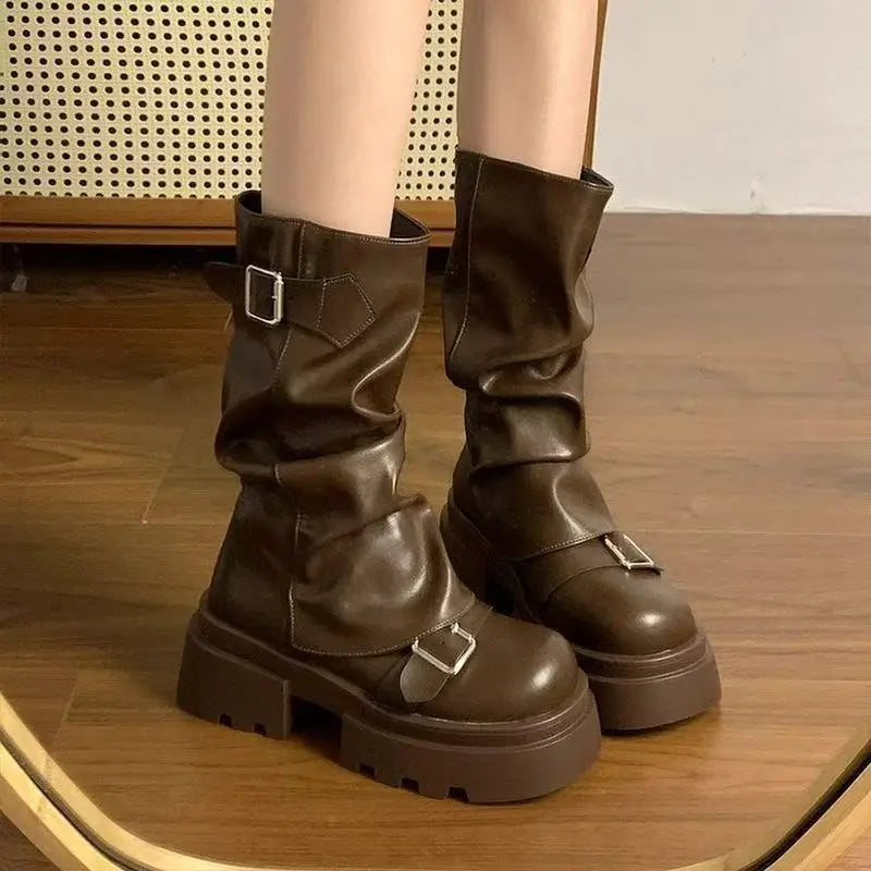 Shoes for Women  Mid-Calf Women's Boots Platform Modern Boots Women Belt Buckle Square Toe Side Zip Square Heel Shoes Female boots_platform