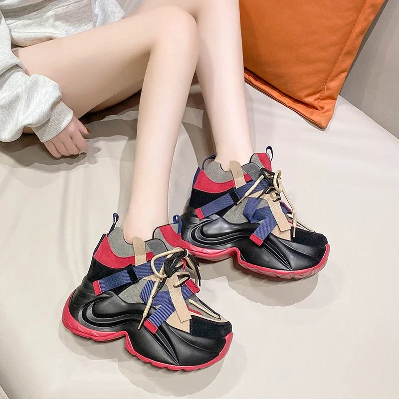 Autumn Winter Chunky Sneakers Women Lace Up Platform Sports Shoes Woman Goth 11CM Thick Bottom High Heels Female Wedges Sneakers sneakers_platform